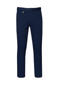 Granatowe spodnie wykonane z gładkiego materiału, o prostym kroju nogawek, z zapięciem na guzik i kieszeniami z przodu. Stylizowane na schludny wygląd.