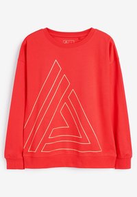 Rode sweatshirt met lange mouwen, met een groot geometrisch driehoekig ontwerp in goud. Gemaakt van zacht materiaal met een ronde hals.