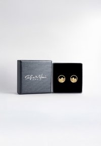 Guldörhängen med bergdesign, visade i en låda med svart sammet. Lådan har en texturerad yta och har vit branding på toppen.