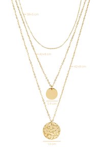 Gold layered necklace with three chains, featuring a smooth round pendant (0.9 cm) and a textured circular pendant (1.3 cm). Chain lengths: 38 cm, 42 cm.
