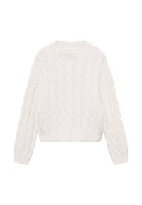 Weißer Strickpullover mit rundem Ausschnitt, gerippten Bündchen und Saum. Verfügt über ein strukturiertes Muster über den gesamten Körper, was ein gemütliches Erscheinungsbild verleiht.