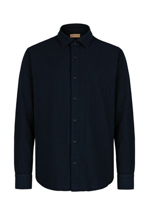 Langærmet sort skjorte med knapper, klassisk krave og manchetter, vist fladt på en hvid baggrund.