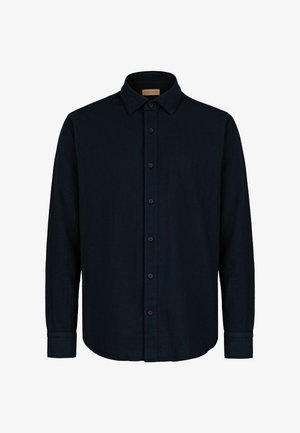 Langærmet sort skjorte med knapper, klassisk krave og manchetter, vist fladt på en hvid baggrund.