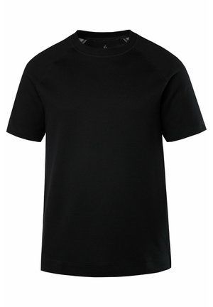Zwart katoenen T-shirt met een ronde hals, korte raglanmouwen en een rechte zoom. Glad textuur, geen zichtbare patronen of accenten.