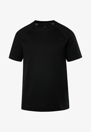 Černé bavlněné tričko s kulatým výstřihem, krátkými raglánovými rukávy a rovnym lemem. Hladká textura, bez viditelných vzorů nebo akcentů.