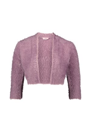Short purple cropped cardigan made of soft, fuzzy material with three-quarter sleeves and an open front design.