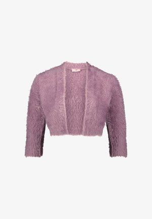Krótki, purpurowy kardigan z miękkiego, puszystego materiału, z rękawami o długości trzech czwartych i otwartym przodem.