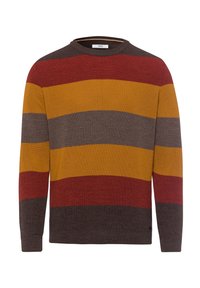 Herren Langarmpullover mit Rundhalsausschnitt und horizontalen Streifen in Dunkelbraun, Rot, Senfgelb und Grau.