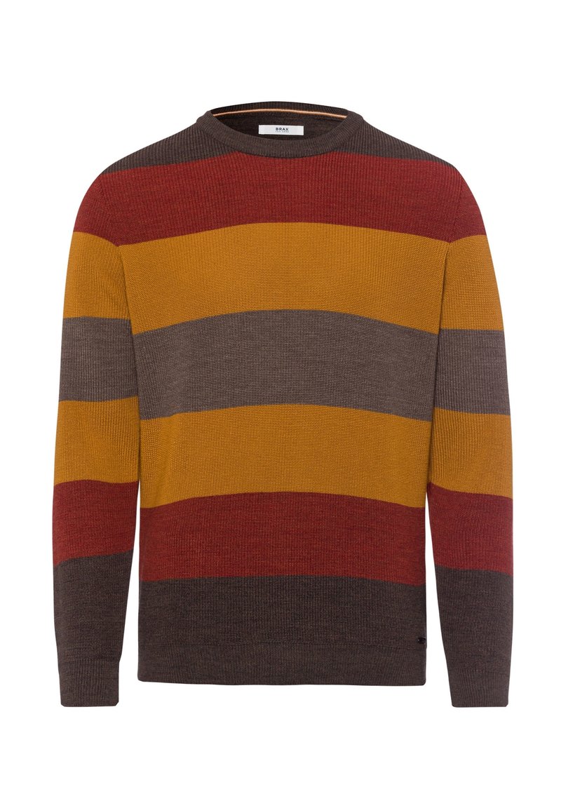 Herren Langarmpullover mit Rundhalsausschnitt und horizontalen Streifen in Dunkelbraun, Rot, Senfgelb und Grau.