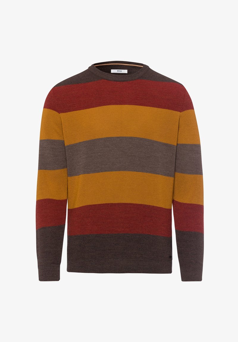 Miesten pitkähihainen crewneck-sweater, jossa on vaakasuoria raitoja tummanruskeassa, punaisessa, sinapinkeltaisessa ja harmaassa värissä.