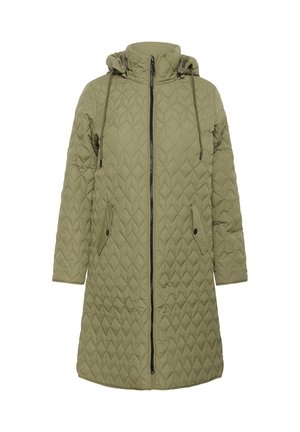 Giacca trapuntata verde oliva con cappuccio, chiusura con zip e due tasche frontali. Presenta un motivo a diamante e coulisse regolabili.