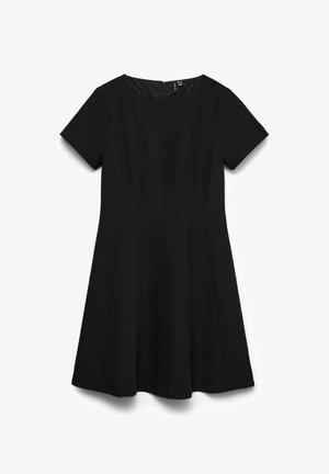 Must must lühikeste varrukatega kleit, millel on ümmargune kaelus, keha järgnev ülakehaosa, lehvikukujuline seelik ja seljal lukuga sulgus. Sile kangas ilma nähtavate mustriteta.