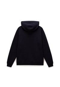 Marineblauwe hoodie met een zachte textuur, lange mouwen en een capuchon met trekkoord. Beschikt over een rechte zoom en omgeslagen mouwen. Achteraanzicht weergegeven.