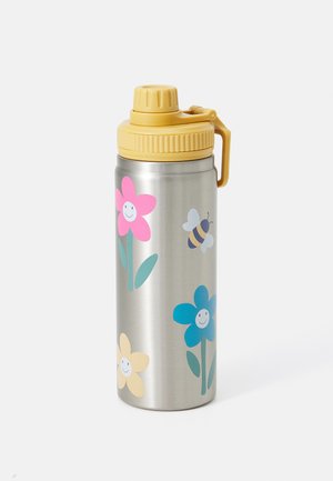 Bouteille d'eau en acier inoxydable avec un couvercle jaune, ornée de designs floraux colorés (rose, bleu, jaune) et de visages souriants, capacité de 500ml.