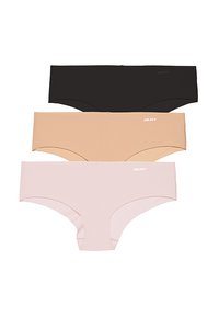 Conjunto de tres bragas hipster DKNY en negro, nude y rosa claro. Tejido suave con diseño sin costuras y logo de la marca sutil.