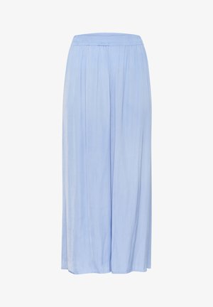 Pantalons culottes bleu clair en tissu doux et fluide. Dotés d'une taille élastique et d'une texture plissée, avec une coupe à jambes larges.