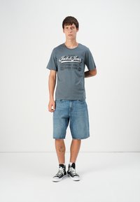 Grå t-skjorte med trykket tekst, kombinert med lyseblå denimshorts. Modellen har på seg svarte og hvite høyde sneakers. Ensfarget bakgrunn.