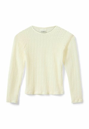 Langärmeliges, cremefarbenes, strukturiertes Oberteil mit rundem Ausschnitt und feinem vertikalem Rippmuster.