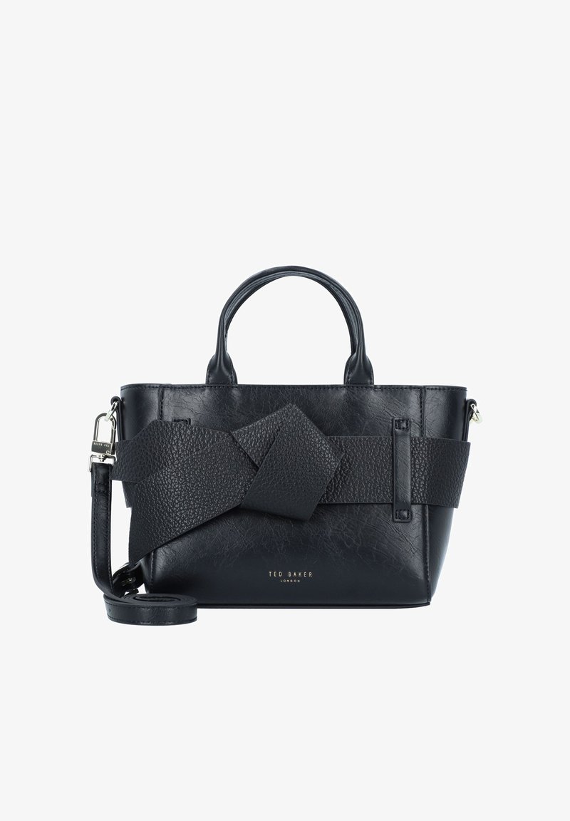 Borsa in pelle nera con dettaglio a fiocco testurizzato e manici lisci. Dotata di manici superiori e tracolla removibile. Logo Ted Baker in mostra.