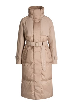 Beige long padded coat with high collar, belted waist with buckle, adjustable wrist straps, and visible side pockets.