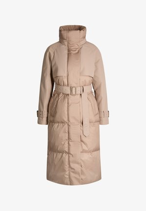 Beige long padded coat with high collar, belted waist with buckle, adjustable wrist straps, and visible side pockets.