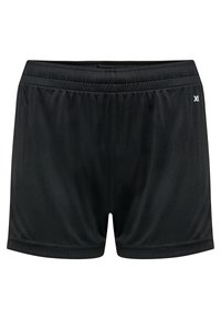 Black athletic shorts with an elastic waistband, made from smooth fabric, featuring a small logo on the left side.