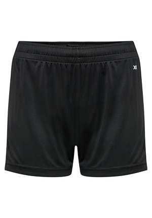 Shorts de sport noirs avec une taille élastique, fabriqués en tissu lisse, présentant un petit logo sur le côté gauche.