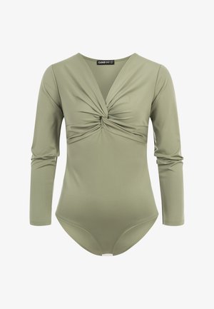 Olivegrüner Bodysuit mit langen Ärmeln, verdrehtem Knotendetail am V-Ausschnitt und Druckknopfverschluss im Schritt.
