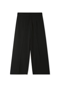 Pantaloni neri a gamba larga con una texture liscia, dotati di chiusura con bottone e design con pieghe frontali. Vestibilità su misura, taglio alla caviglia.