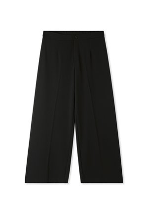 Pantaloni neri a gamba larga con una texture liscia, dotati di chiusura con bottone e design con pieghe frontali. Vestibilità su misura, taglio alla caviglia.