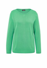 Groene lange mouw trui gemaakt van zachte stof, met een ronde halslijn en geribbelde manchetten en zoom. Eenvoudig, ongecompliceerd ontwerp.