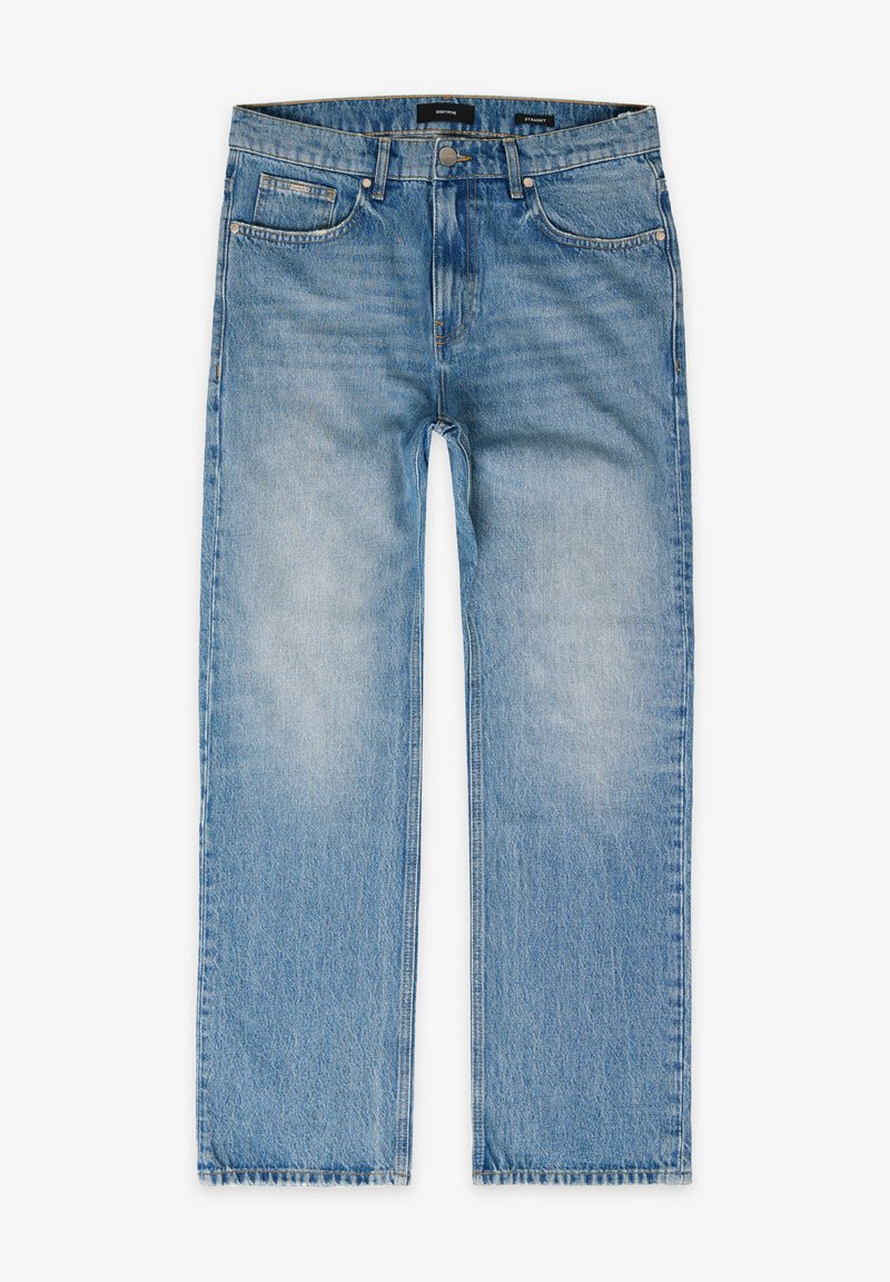 Vaaleansiniset suorat farkut denim-kankaasta. Niissä on viisi taskua, napitus ja kevyt haalistuma kankaan yli.