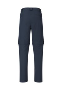 Pantalon de randonnée convertible bleu marine avec sections zippées aux genoux et une poche zippée sur le côté arrière droit.