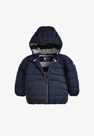 Veste rembourrée bleu marine avec capuche, fermeture éclair à l'avant et deux poches latérales. Doublée avec une polaire rayée grise et noire pour plus de chaleur.