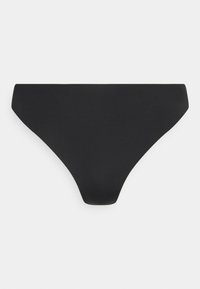 Czarne bikini dół o gładkiej, matowej fakturze i minimalistycznym designie, z średnim stanem i bez widocznych elementów sprzętowych ani akcentów.