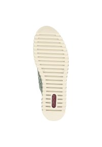 Semelle de chaussure verte et blanche avec une texture striée et des découpes circulaires. Présente un logo rouge foncé sur fond blanc.