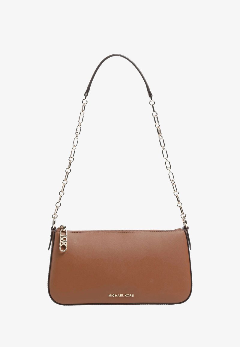 Brown leather handbag with a flat rectangular shape. Features a chain strap, zipper closure, and a gold logo detail on the front.
