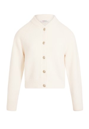 White cropped cardigan made of soft material with a shawl collar, featuring five round, decorative buttons and ribbed cuffs.