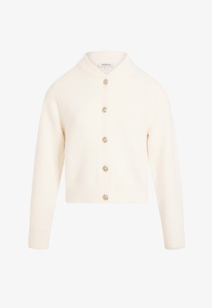 Weiße, kurz geschnittene Strickjacke aus weichem Material mit einem Schalkragen, versehen mit fünf runden, dekorativen Knöpfen und Rippbündchen.
