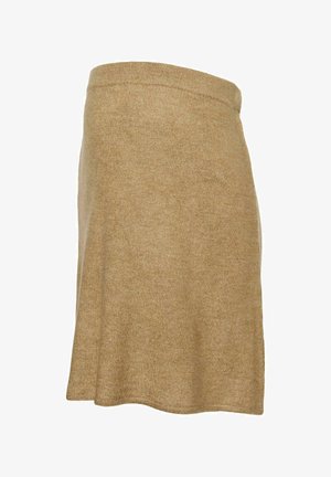 Smėlio spalvos megztas sijonas su lygiu paviršiumi, vidutinio ilgio, su elastinga juosmens juosta. Turi išplatintą dizainą, be matomų raštų ar akcentų.