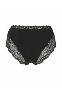 Svart bomullsunderkläder med spetsdetaljer i midjan och sidorna; har scalloperade kanter och blommig spetsmönstring.