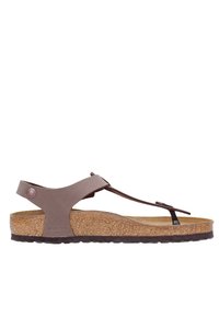 Sandale synthétique marron avec une semelle en liège, dotée d'un design en T et d'une bride arrière réglable. Accent notable avec un logo rond sur le côté.