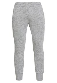 Grå sweatpants lavet af struktureret stof, med elastisk talje, tapered ben og sidelommer for funktionalitet.
