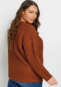 Sweter w kolorze rdzy, grube dzianiny, z teksturowanym wzorem, opadającymi ramionami i prążkowanymi mankietami. Luźny krój z okrągłym dekoltem.