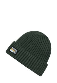 Tmavě zelená pletená čepice s žebrovanou strukturou, která má ohnutý lem a obdélníkovou tkanou etiketu s textem „PROTEST“ a designem hory.