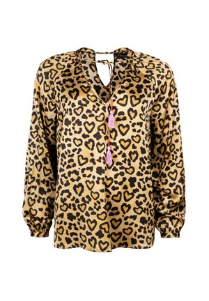 Leopard print blouse in gold and black, featuring a V-neck, long puff sleeves, and pink tassel accents on a tie closure. Smooth satin fabric.