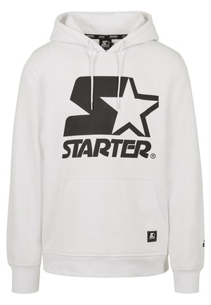 Biely mikina s kapucňou a prednou klokankou, s veľkým čiernym hviezdovým logom a textom "STARTER" potlačeným na hrudi.
