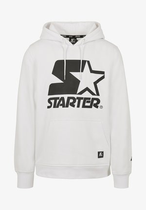 Biely mikina s kapucňou a prednou klokankou, s veľkým čiernym hviezdovým logom a textom "STARTER" potlačeným na hrudi.