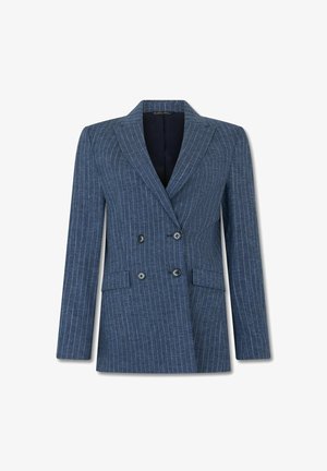 Niebieska dwurzędowa marynarka w niebieskie prążki, z wyciętymi klapami, czterema czarnymi guzikami, długimi rękawami i dwoma przednimi kieszeniami z patkami.