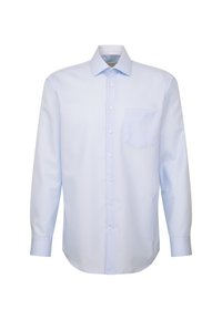 Lichtblauwe langemouwen shirt van soepel stof, met een puntig kraag, knopen aan de voorkant en een zak op de linker borst.